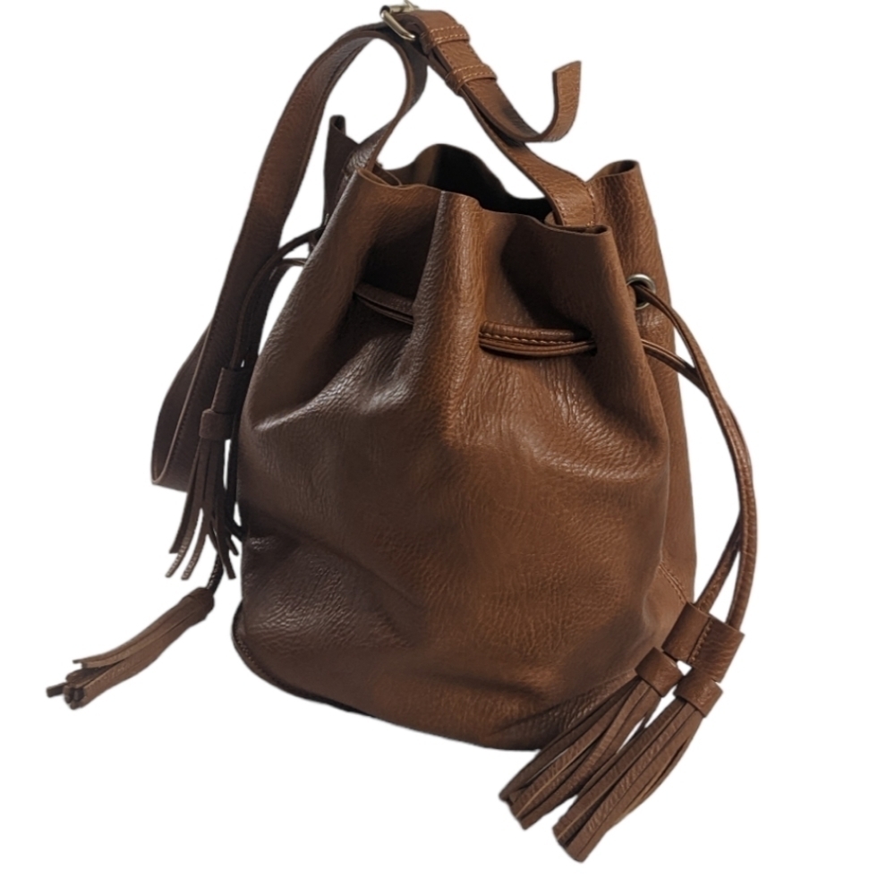 Tan Brown Faux Leather Fringe Tassel Closure Crossbody Bucket Bag